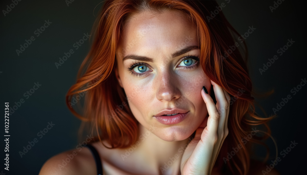 A confident woman with red hair and blue eyes looking at the camera A confident woman with red hair and blue eyes looking at the camera