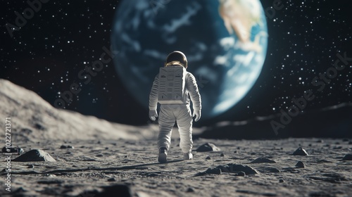 An astronaut, seen from behind, walking on the moon photo