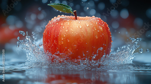 The apple falls on the water and makes a big splash