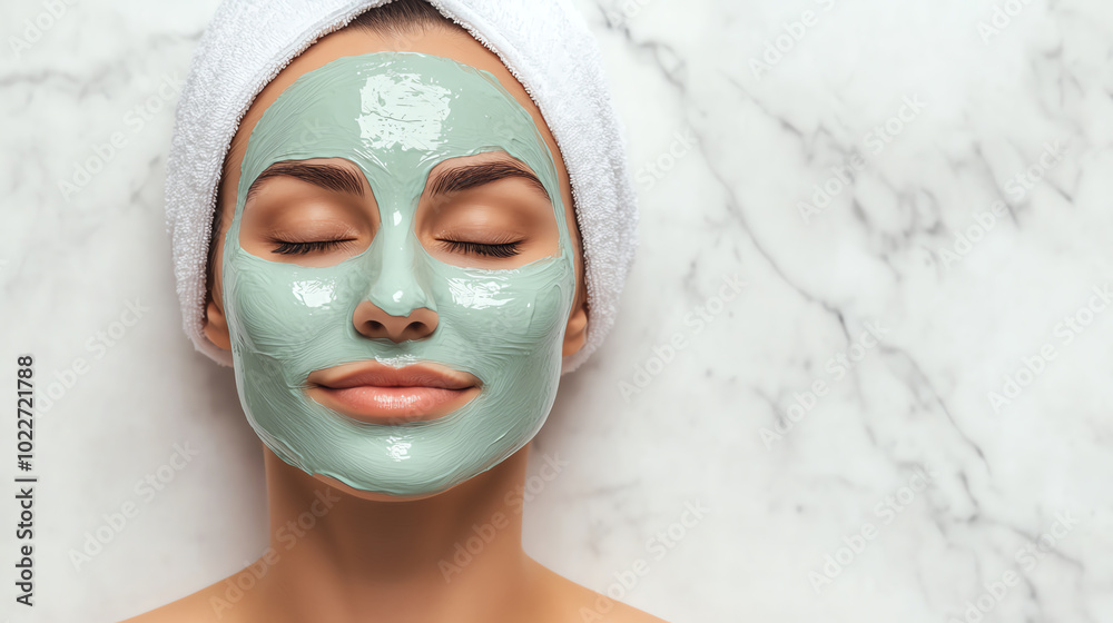 A serene young woman relaxes during a facial treatment, showcasing a calming green mask applied to her face, with a towel wrapped around her head, set against a marble background.