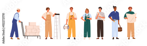 Construction workers, builders with tools, set. Male and female repair professionals, contractors, repairmen, handymen with building equipment. Flat vector illustration isolated on white background