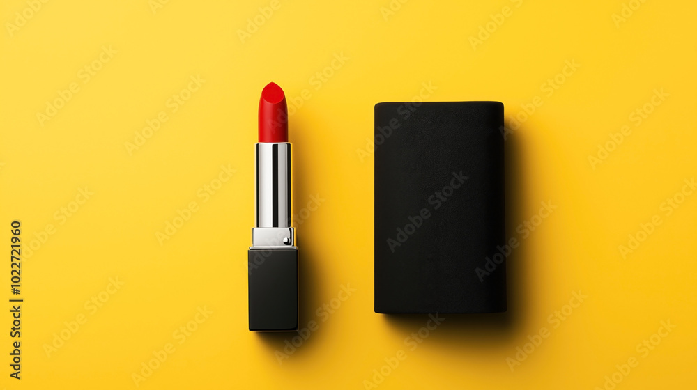 Red lipstick with black casing on a yellow background, showcasing minimalist and vibrant design. Red lipstick with black casing on a yellow background, showcasing minimalist and vibrant design.
