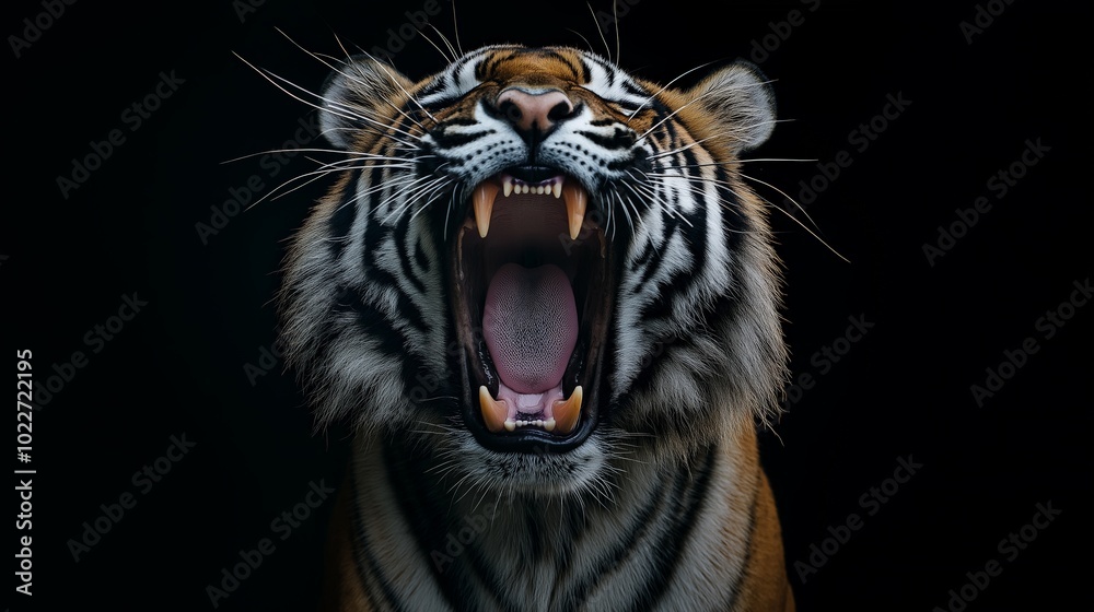a mouth of a roaring tiger facing camera, extreme close-up, centred. black background.