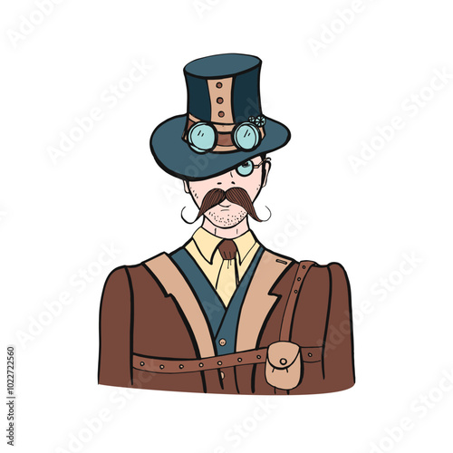 Gentleman in steampunk Victorian era style. Man with mustache, top hat, goggl...