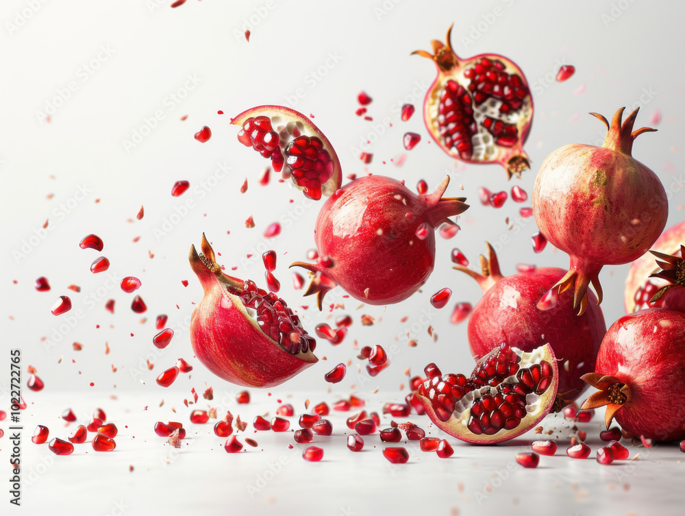 Various falling fresh ripe pomegranate on light white background, horizontal composition Various falling fresh ripe pomegranate on light white background, horizontal composition