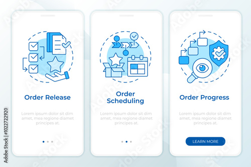 SFC phases blue onboarding mobile app screen. Management, control. Walkthrough 3 steps editable graphic instructions with linear concepts. UI, UX, GUI template. Montserrat SemiBold, Regular fonts used