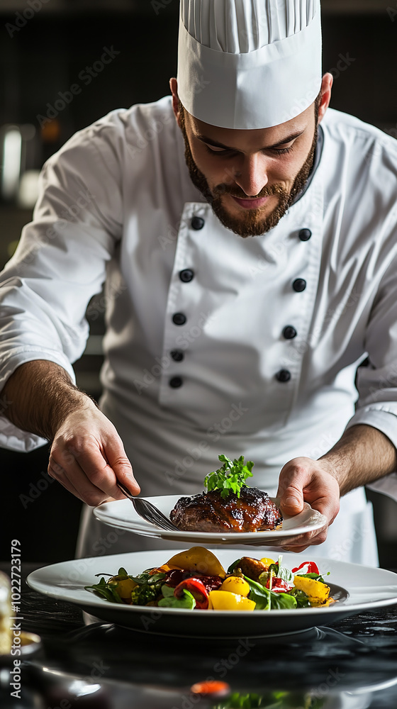 Chef in Gourmet Kitchen Proudly Displays Culinary Creation Chef in Gourmet Kitchen Proudly Displays Culinary Creation