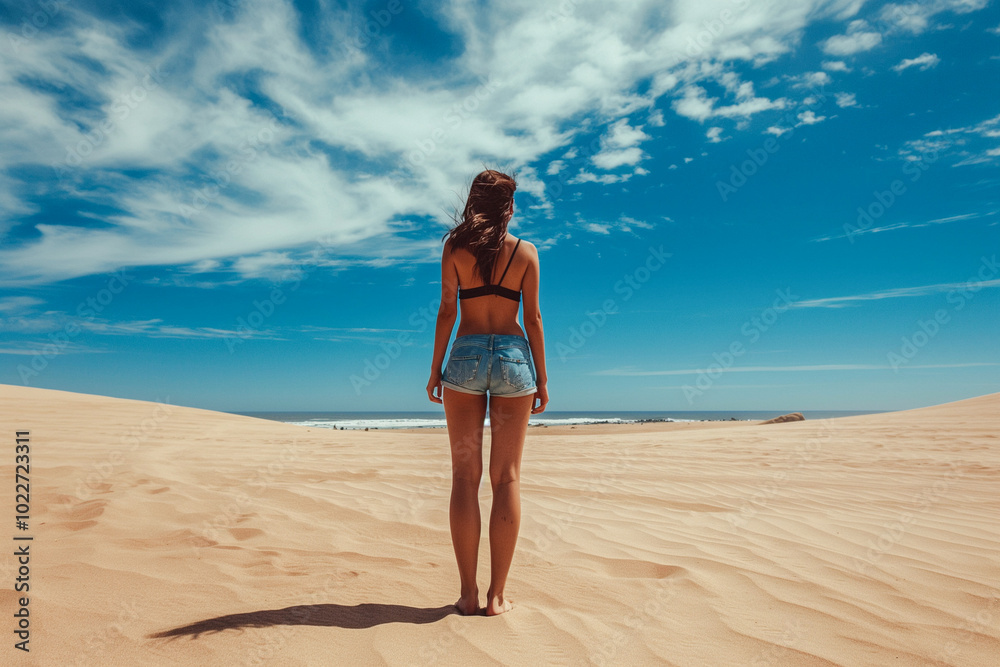 Woman in desert. Back View of Unrecognizable Woman on Sandy Terrain in Argentina. Concept of Solitude and Adventure Under a Clear Blue Sky. Generative AI Woman in desert. Back View of Unrecognizable Woman on Sandy Terrain in Argentina. Concept of Solitude and Adventure Under a Clear Blue Sky. Generative AI