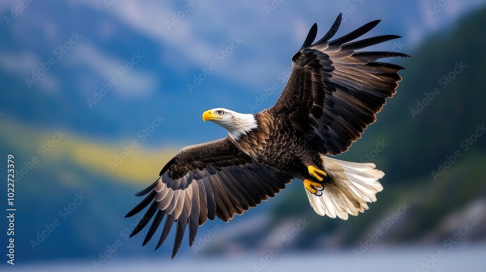 Fototapeta premium Majestic Bald Eagle in Flight Over Scenic Landscape