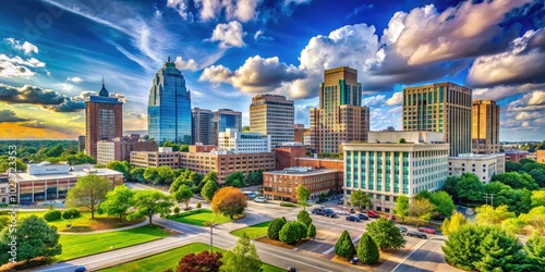 Scenic View of Downtown Greensboro North Carolina with Beautiful Skyscrapers and Blue Sky Background photo