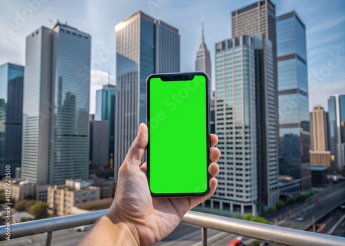 Smartphone mockup green screen with city background