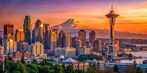 Scenic View of Elliott Bay with Seattle Skyline and Mount Rainier in the Background at Sunset