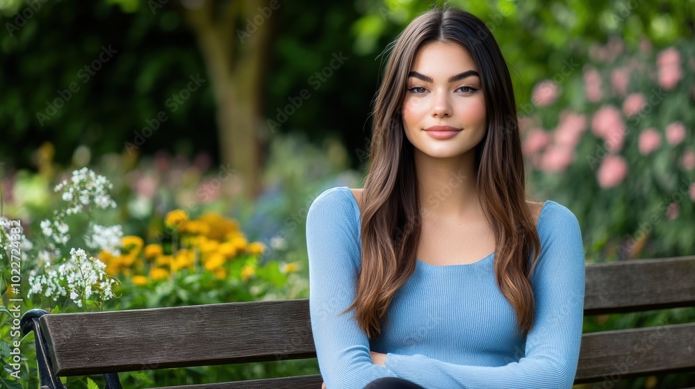 Serene Young Woman in a Colorful Garden Setting Serene Young Woman in a Colorful Garden Setting