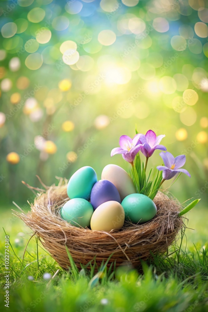 Pastel colored eggs in a cozy nest with blooming irises, Easter, nature, spring, bokeh background with copy space Pastel colored eggs in a cozy nest with blooming irises, Easter, nature, spring, bokeh background with copy space