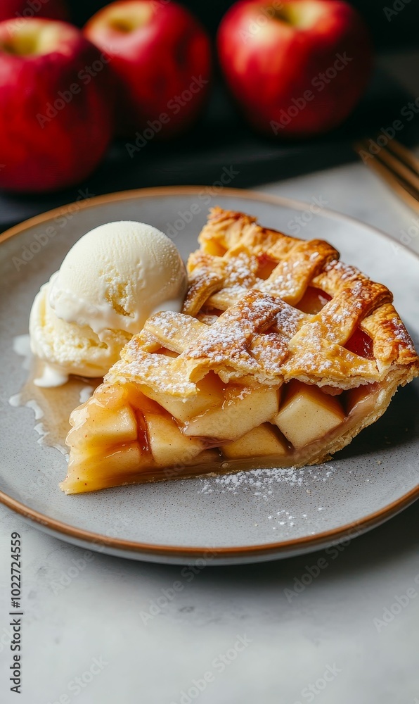 Apple pie with ice cream and powdered sugar. Apple pie with ice cream and powdered sugar.