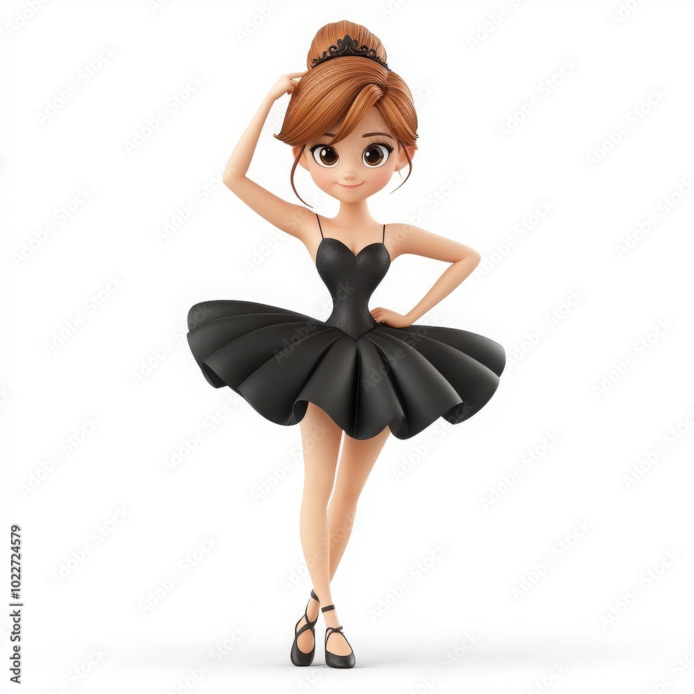 Naklejka premium Elegant Cartoon Ballerina in a Black Tutu Dress