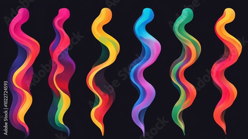 A set of colorful, wavy shapes that look like a rainbow. The shapes are bright and fluid, and they have a squiggly design. photo