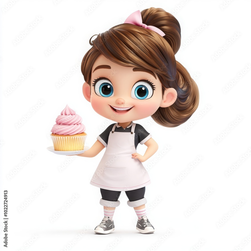Cute Cartoon Girl with Cupcake and Bright Smile Cute Cartoon Girl with Cupcake and Bright Smile