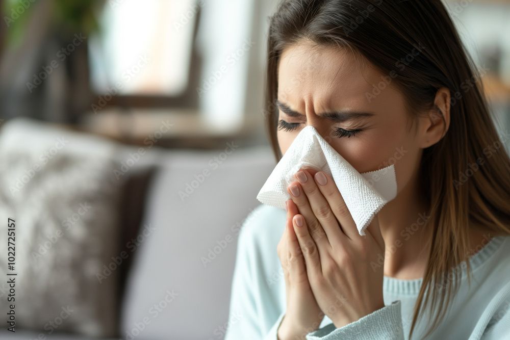 Sick Woman Sneezing at Home with Cold, Flu, or Allergy Symptoms. Generative AI Sick Woman Sneezing at Home with Cold, Flu, or Allergy Symptoms. Generative AI