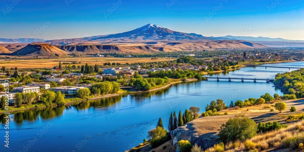 Obraz premium Scenic View of Kennewick Washington with River and Mountains Under Clear Blue Sky in Daylight