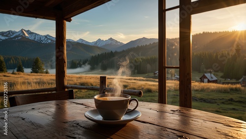 Sunrise in the Mountains: Steam Rises from a Hot Drink by a Wooden Table in a Cozy Cabin photo