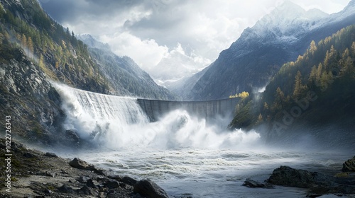 A dam in the mountains with water rushing through it and mist forming in the air.