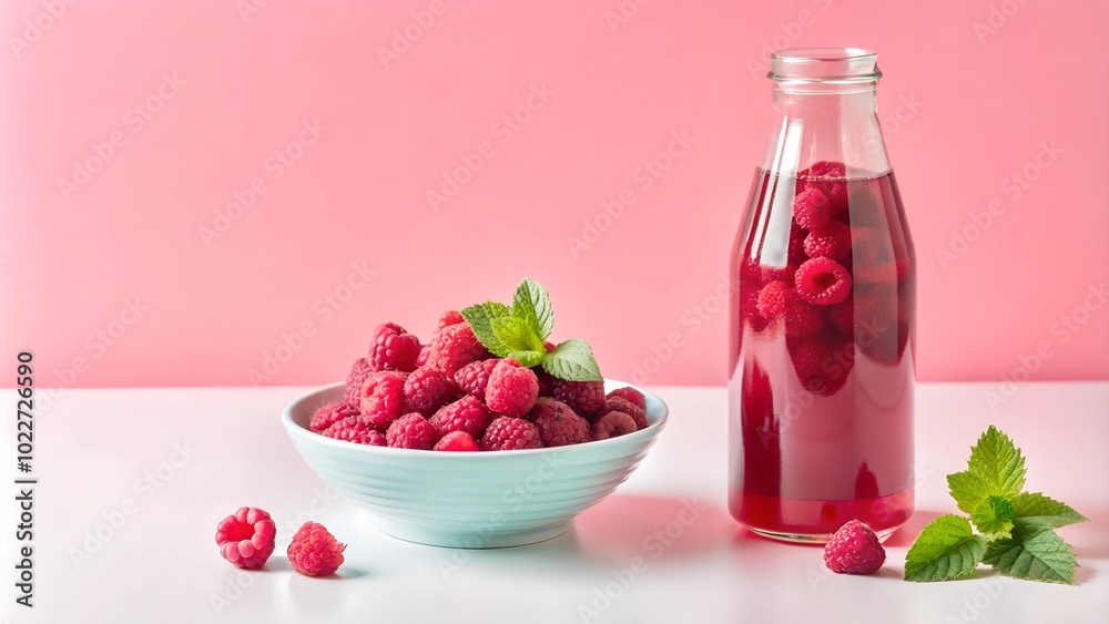 Raspberry drink in a bottle with a bowl of fresh raspberries on a pastel pink background. 