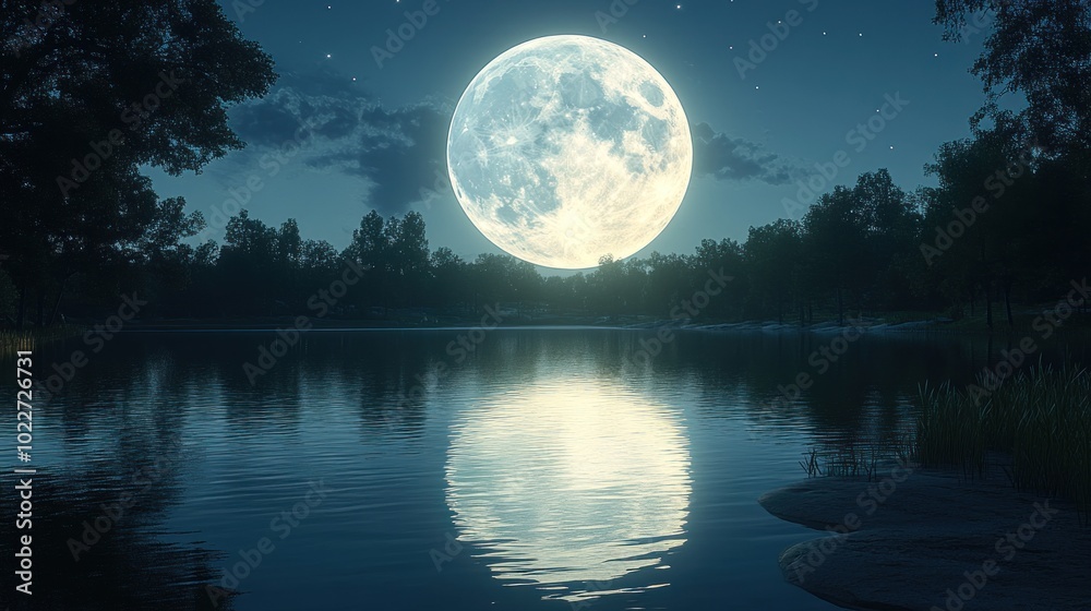 Naklejka premium A serene night scene featuring a full moon reflecting on water.