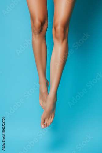 Smooth Skin Care: Female Legs During Hair Removal Treatment on Blue Studio Background. Generative AI