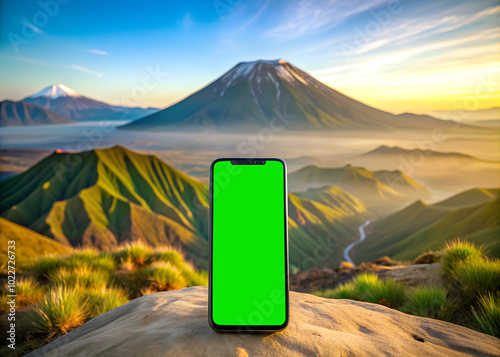 Smartphone mockup green screen with mountain background