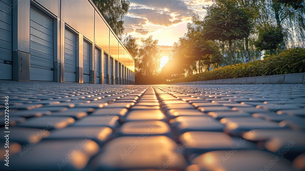 Fototapeta premium A driveway in a modern, tidy company yard, sunlight, perspective, depth of field.