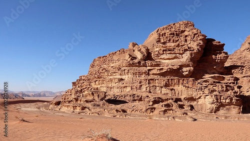 View of cliffs, canyons, and sandstone mountain at Wadi Rum, Jordan