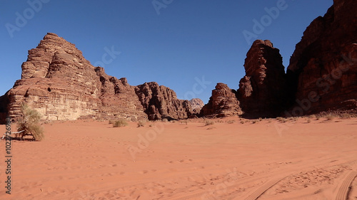 View of cliffs, canyons, and sandstone mountain at Wadi Rum, Jordan