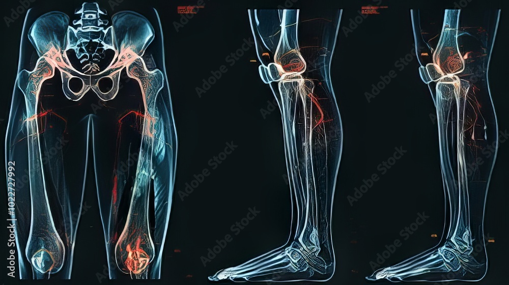 Illustration of a knee joint X-ray with red patches, vector ...