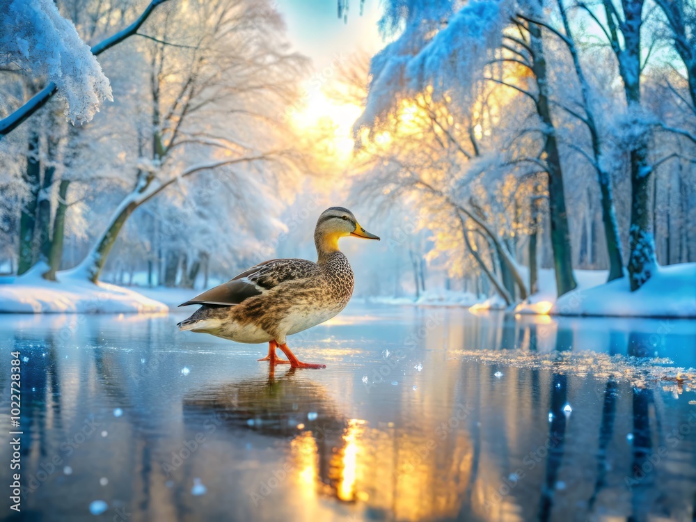 Female Duck Walking on Blue Ice in Stunning Winter Landscape Photography Female Duck Walking on Blue Ice in Stunning Winter Landscape Photography
