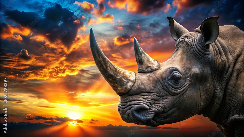 Fototapeta premium Ferocious Rhinoceros Head Silhouette Against Sunset - Wildlife Photography