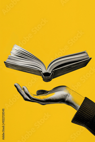 Man's hand holding a book on a yellow background. Contemporary art Collage. Photo collage. Education concept. Generative AI