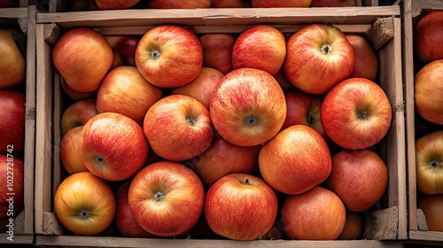 Fresh red apples in wooden crates arranged for sale at a market agriculture produce. photo