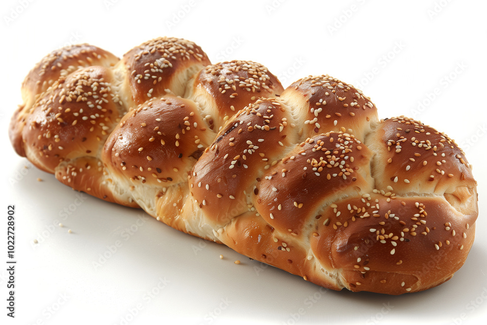 Freshly baked challah bread is covered in sesame seeds and laying on a white background Freshly baked challah bread is covered in sesame seeds and laying on a white background