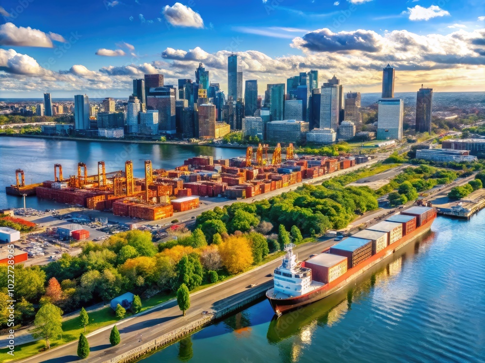Fototapeta premium Scenic View of the Port of Montreal with Cargo Ships, Industrial Facilities, and City Skyline Background