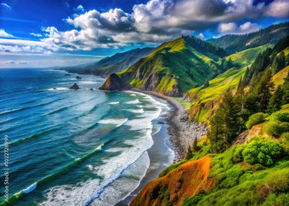 Fototapeta premium Scenic View of the Rugged Lost Coast in California with Dramatic Cliffs and Lush Greenery
