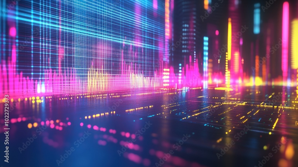 A vibrant digital landscape showcasing sound waves and data visualization. A vibrant digital landscape showcasing sound waves and data visualization.