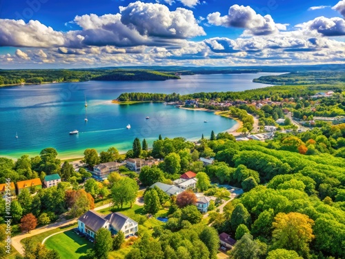 Scenic View of Traverse City Michigan with Beautiful Lakes and Lush Greenery in Summer Sunshine photo