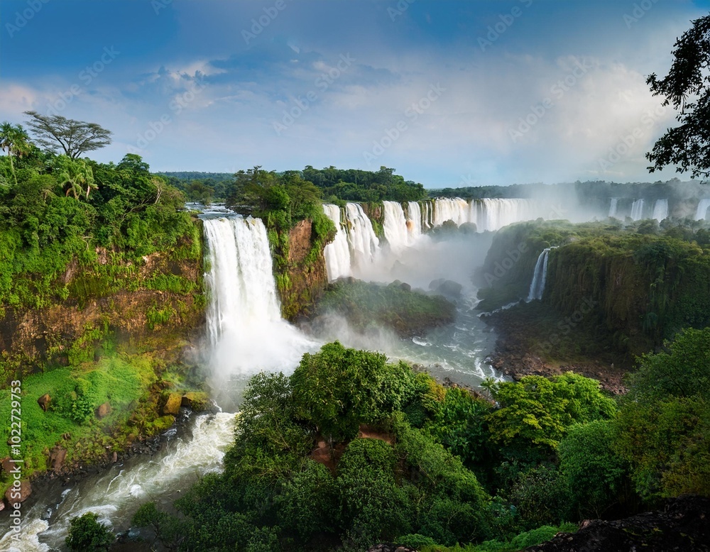 Fototapeta premium The Breathtaking Iguazu Falls on the Brazil-Argentina Border, Surrounded by Rich Rainforests and Home to Exotic Wildlife Species, Offering One of the Most Dramatic Natural Landscapes in South America
