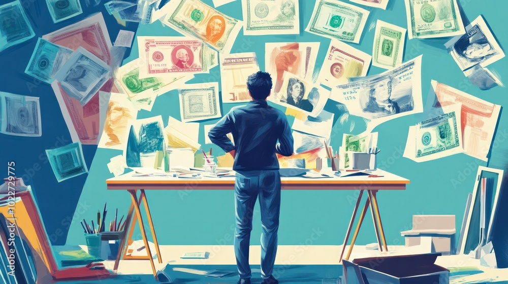 Illustration of artists managing their wealth by balancing creativity with smart financial planning, budgeting, and investment strategies, illustrations Illustration of artists managing their wealth by balancing creativity with smart financial planning, budgeting, and investment strategies, illustrations