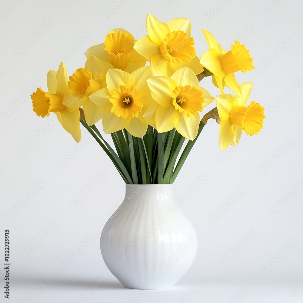 A bouquet of yellow daffodils in a smooth white vase, mid-shot, with half of the vase visible, against a white background A bouquet of yellow daffodils in a smooth white vase, mid-shot, with half of the vase visible, against a white background