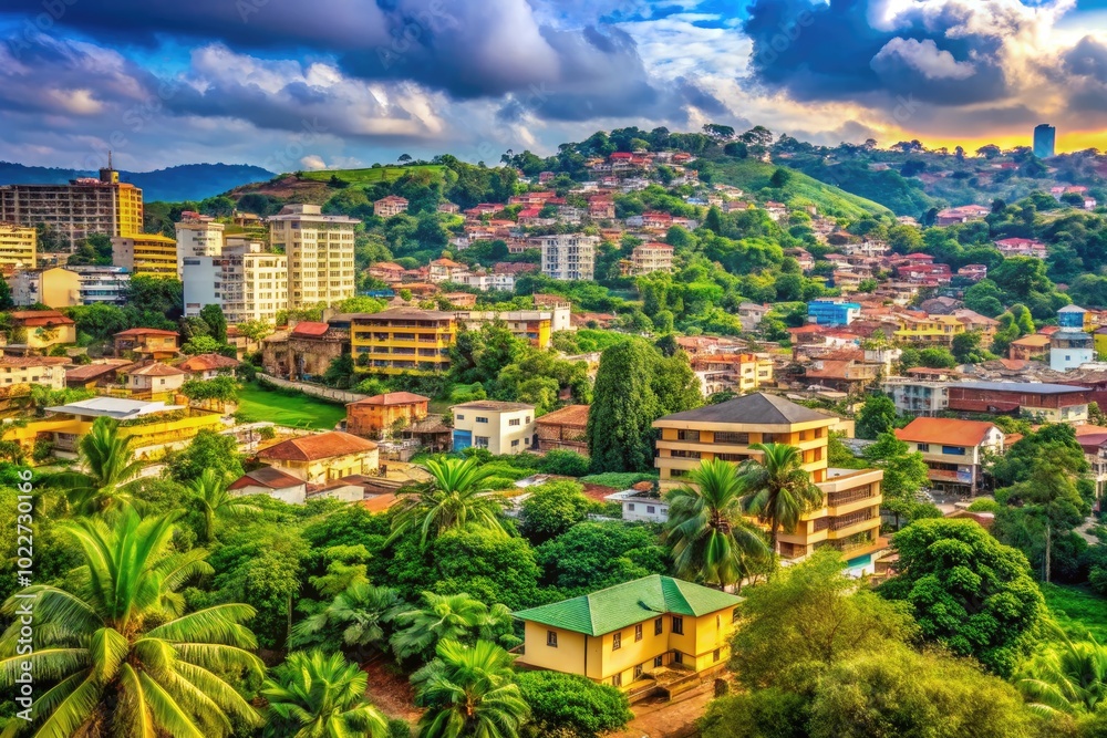 Obraz premium Scenic View of Yaoundé Cityscape in Cameroon with Lush Greenery and Modern Architecture at Dusk