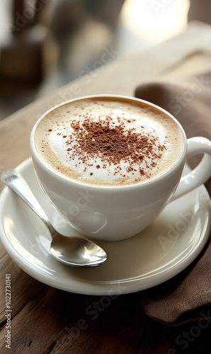 A cup of cappuccino on a saucer.