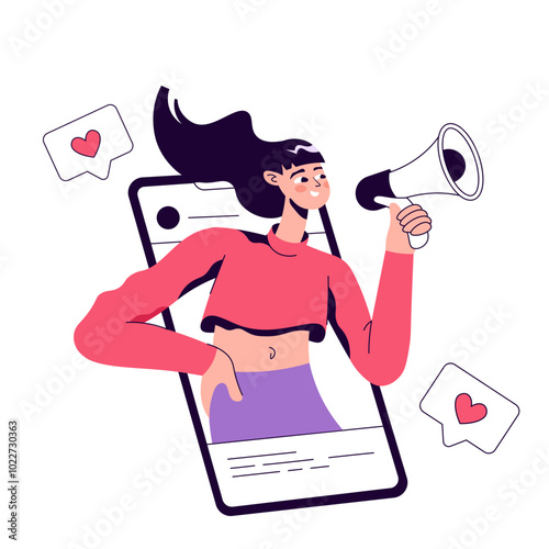 Woman with a loudspeaker promoting products and services online