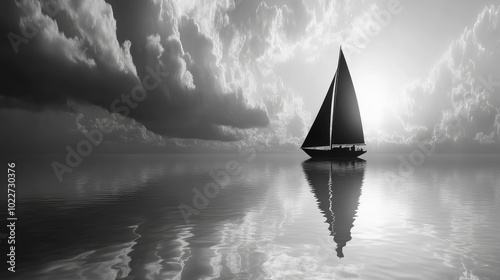 A black-and-white silhouette of a sailboat on a calm lake, with soft waves and a dramatic, cloud-filled sky in the background.
